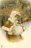 Ретро открытки - Девушка с муфтой в зимнем пейзаже