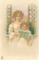 Ретро открытки - Мать и дочь с книгой открытого у окна