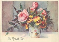 Ретро открытки - Розы и анютины глазки в вазе