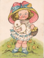 Ретро открытки - Радостная Пасха. Девочка с цыплятами в корзине