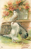Ретро открытки - Счастливая Пасха. Голуби и ветка вишни