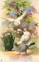 Ретро открытки - Голуби в саду и ветка лиловой сирени