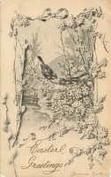 Ретро открытки - Пасхальные поздравления.  Птенец в гнезде и весенние цветы