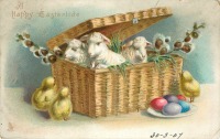 Ретро открытки - Счастливая Пасха. Ягнята в корзине и цыплыта