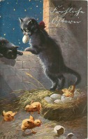 Ретро открытки - Две кошки в курятнике и цыплята