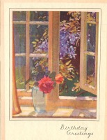 Ретро открытки - Красные розы в вазе и глициния за окном