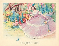 Ретро открытки - Девушка в лиловом платье перед птицей счастья