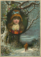 Ретро открытки - Зимняя сцена и девочка в жёлтой шляпке
