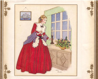 Ретро открытки - Женщина в красном платье и падуб в вазе