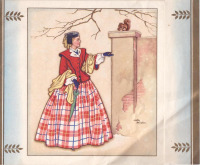 Ретро открытки - Женщина в красно-белом наряде и белочка с орехами