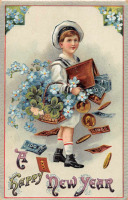 Ретро открытки - Мальчик с корзиной и новогодними подарками