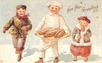 Ретро открытки - Новый год, Дети под снегом и пекарь с булками