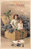 Ретро открытки - С Новым Годом, Девочки и цветочная корзина