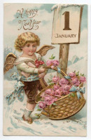 Ретро открытки - С Новым Годом, Ангел с цветочной корзиной
