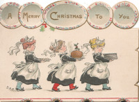 Ретро открытки - Весёлых Святок, Маленькие горничные с рождественским пудингом