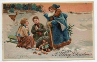 Ретро открытки - С Рождеством, Санта Клаус в голубой шубе и дети