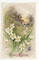 Ретро открытки - Счастливой Пасхи. Нарциссы в пейзаже