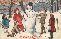 Ретро открытки - С Рождеством. Дети и снеговик