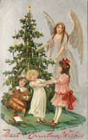 Ретро открытки - Рождество и Новый Год. Дети и ангел у рождественской ёлки