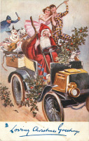 Ретро открытки - Рождество и Новый Год. Санта и клоуны в машине