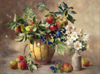 Ретро открытки - Ветка дикой яблони с плодами, черника и анемоны в вазе