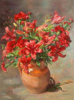 Ретро открытки - Красные лилии в керамическом кувшине