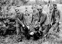 Эстония - Немецкие военнопленные переносят тела узников концлагеря «Клоога» (Эстония), расстрелянных перед приходом Красной армии и не успевших полностью сгореть