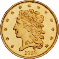 Старинные деньги (бумажные, монеты) - 5 долларов 1835 года (США