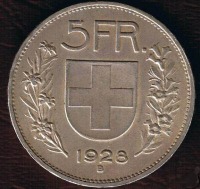Старинные деньги (бумажные, монеты) - Швейцарская монета - 5 серебряных франков 1928 года
