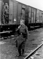 Железная дорога (поезда, паровозы, локомотивы, вагоны) - Немецкий солдат охраняет железнодорожный состав с советскими военнопленными