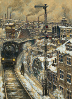 Железная дорога (поезда, паровозы, локомотивы, вагоны) - Ганс Балушек. Железная дорога в зимнем городе