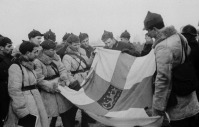 Войны (боевые действия) - Группа советских командиров и бойцов осматривает отбитое у финнов знамя Шюцкора