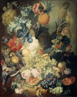 Картины - Натюрморт с цветами, фруктами и птицей