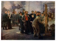 Картины - А. Левитин (род. 1922 г.) и Ю. Тулин (род. 1921 г.). Свежий номер цеховой газеты. 1952 г.