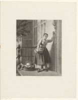 Картины - Девушка с корзиной овощей и фруктов на пороге дома