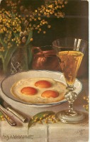 Картины - Натюрморт с яичницей, бокалом и мимозой в вазе