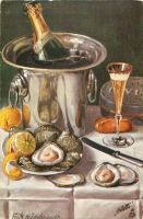 Картины - Натюрморт. Устрицы на блюде, лимоны, икра и шампанское