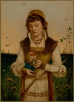Картины - Девушка в коричневом бархатном платье с книгой в руках и букетом роз