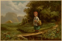 Картины - Девочка с корзинкой и мост через ручей