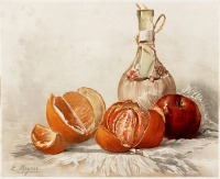 Картины - Апельсины, яблоко и бутылка в корзине