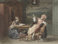 Картины - Две молодые женщины за столом в интерьере