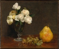 Картины - Натюрморт с чайными розами и фруктами на столе