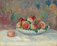 Картины - Персики в вазе и яблоко на столе