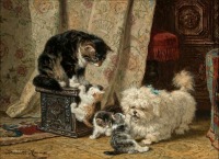 Картины - Белый пудель и кошка с котятами