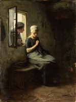 Картины - Альберт Нейхюйс. Девушка с рукоделием и кавалер у окна