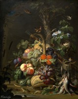 Картины - Картина.  Натюрморт с фруктами, рыбой и гнездом с птицами. Абрахам Миньон (1640-1679).