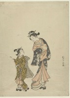 Картины - Женщина в кимоно, девочка и снежок