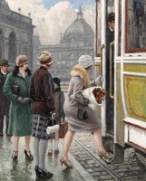 Картины - Картина.  Поль- Густав Фішер.  Жінка заходить у трамвай.