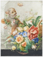 Картины - Натюрморт с цветами в корзине и обезьянкой