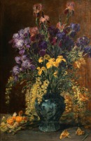 Картины - Натюрморт с ирисами голубой вазе